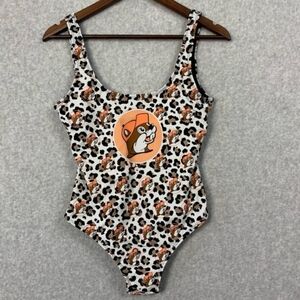 Buc-ee's All Over Leopard Print One Piece Swimsuit Women's XS Logo Graphic EUC